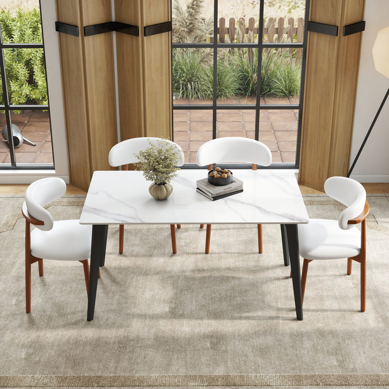 Juvan Modern 5-Piece Rectangular Marble Dining Table Set With 4 Faux Leather Chair, Snow White, White/Brown
