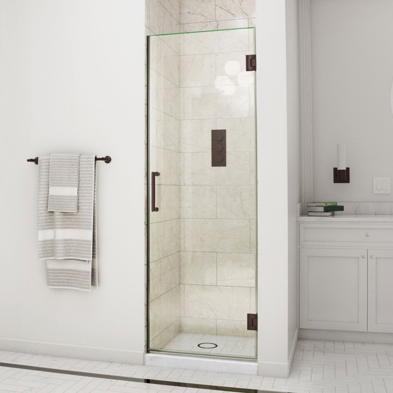 Unidoor 24" W x 72" H Hinged Frameless Shower Door with ClearMax™ Technology, Oil Rubbed Bronze, Clear Glass