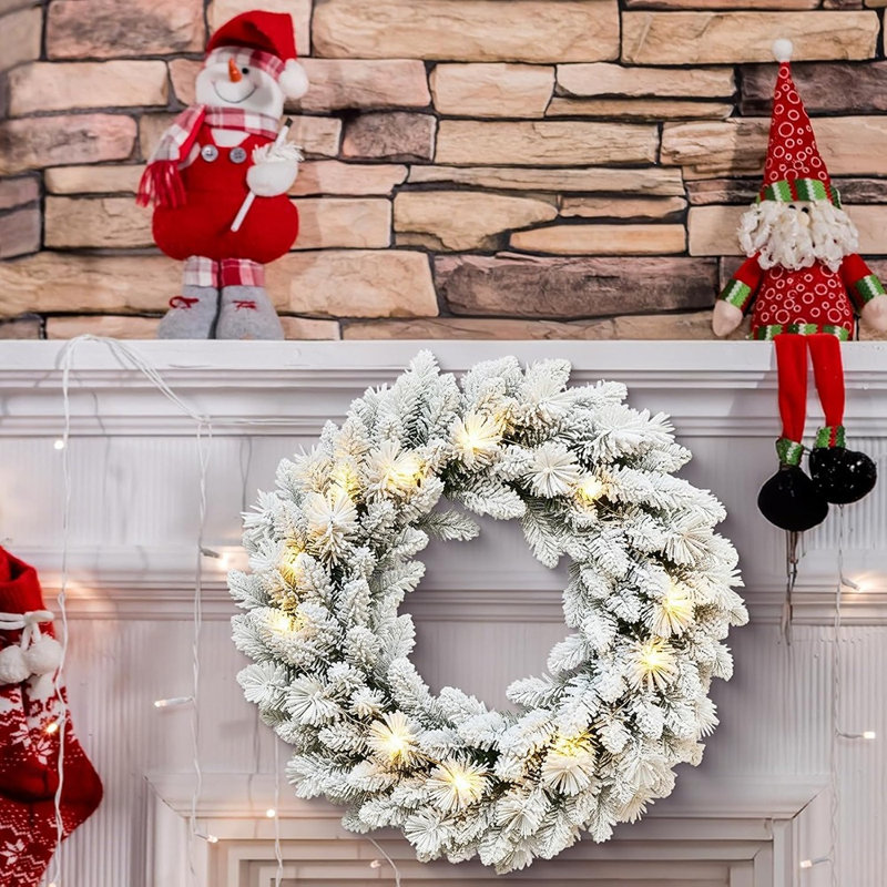 Couronne de Noël en flocons - blanc / vert - 13,7 pouces, lumières DEL, épinette enneigée, décoration de Noël intérieure / extérieure
