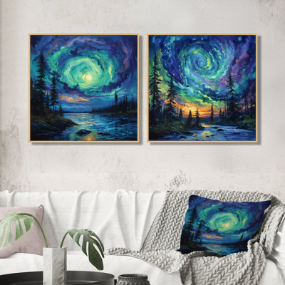 Aurores boréales vertes et bleues en spirale I - Northern Lights Wall Art - décoration murale traditionnelle 2 pièces