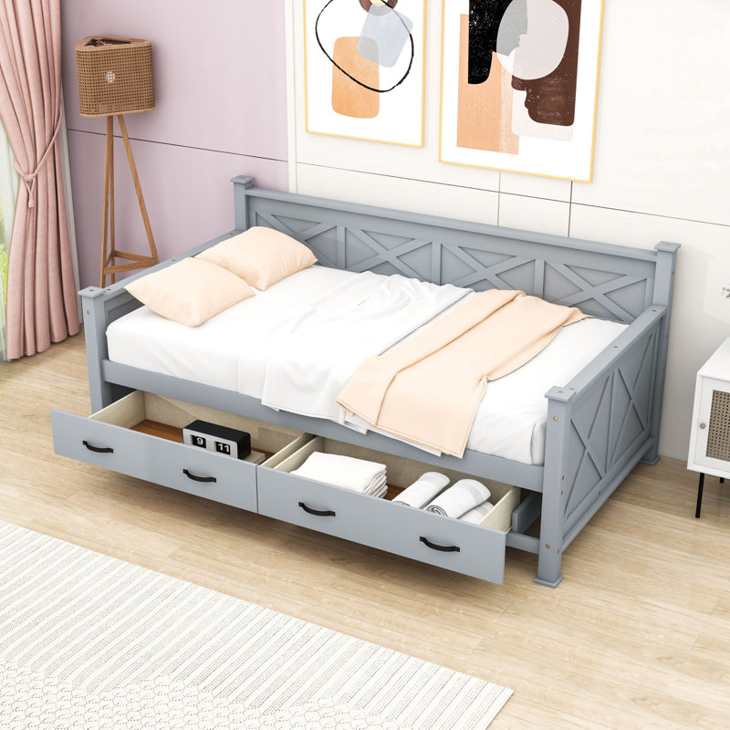 Lit de jour simple en bois 2 tiroirs, gris