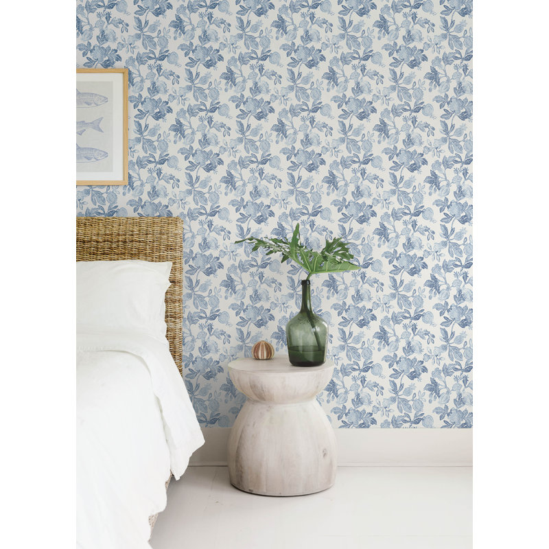 Beach Rose Teal Floral Fruits Wallpaper, Blue 