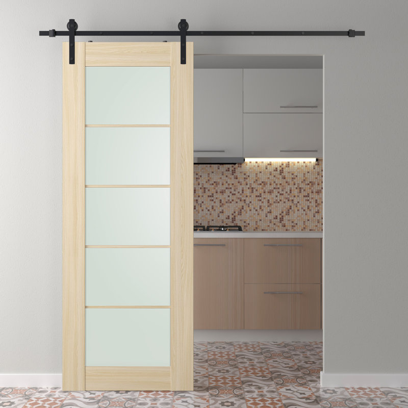 Ash 36" Frosted Glass and Composite Wood Sliding Barn Door Kit