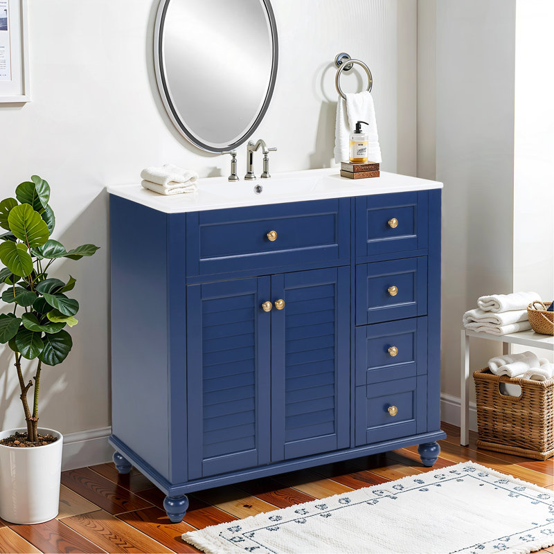 36" Blue Bathroom Vanity With Ceramic Sink - Soft-Close Drawers, Solid Wood Frame, Multi-Organizer Storage , 92X47x86cm, Blue