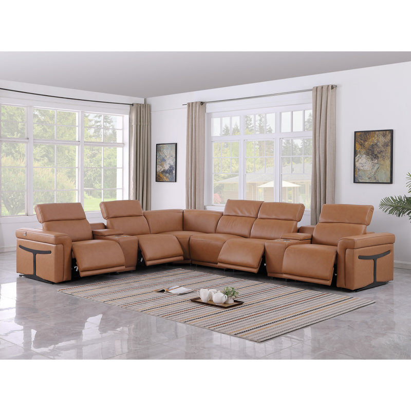 Suhur 8-Piece Top Grain Italian Leather Power Reclining Chaise Sectional, Cognac Genuine Leather