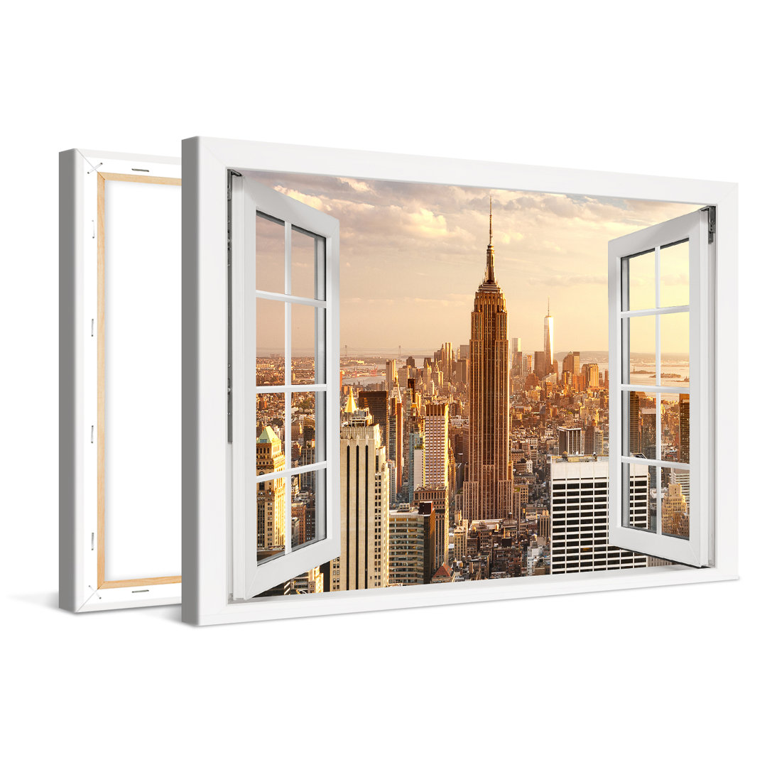 Leinwandbild Manhattan Empire State Building Fenster 100X75cm – Premium Leinwanddruck – Kunstdruck Auf 2Cm Holz-Keilrahm...