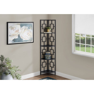 4-Tier Black Metal Corner Etagere Bookcase with Fan-Shaped Shelves, Modern Space-Saving Corner Shelf Stand with 3-Leg Frame