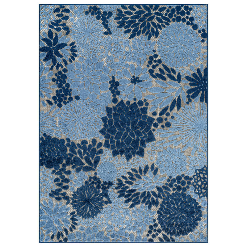Floral Beige/Navy/Blue Indoor/Outdoor High-Low Area Rug, Rectangle 4' x 6', Navy/Blue/Beige