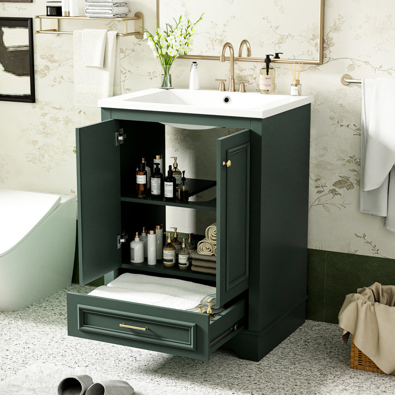 Meuble de salle de bain moderne avec lavabo en céramique de 61 cm, intérieur fonctionnel et esthétique, poignées argentées, élégant meuble-lavabo