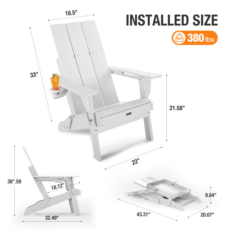 All Weather HDPE Folding Outdoor Adirondack Chair with Cup Holders Durable Oversized Fire Pit Chair Easy Assembly Easy Maintenance Patio Lawn Chair with 380Lbs Load Bearing for Porch, Garden, Backyard, patio, Deck, fire pit, White（set of 4）