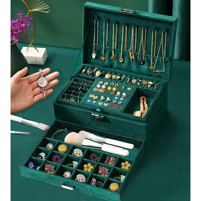 3-Layer Velvet Jewelry Organizer Boxes Display Storage Case with Lock for Rings Necklace Earrings