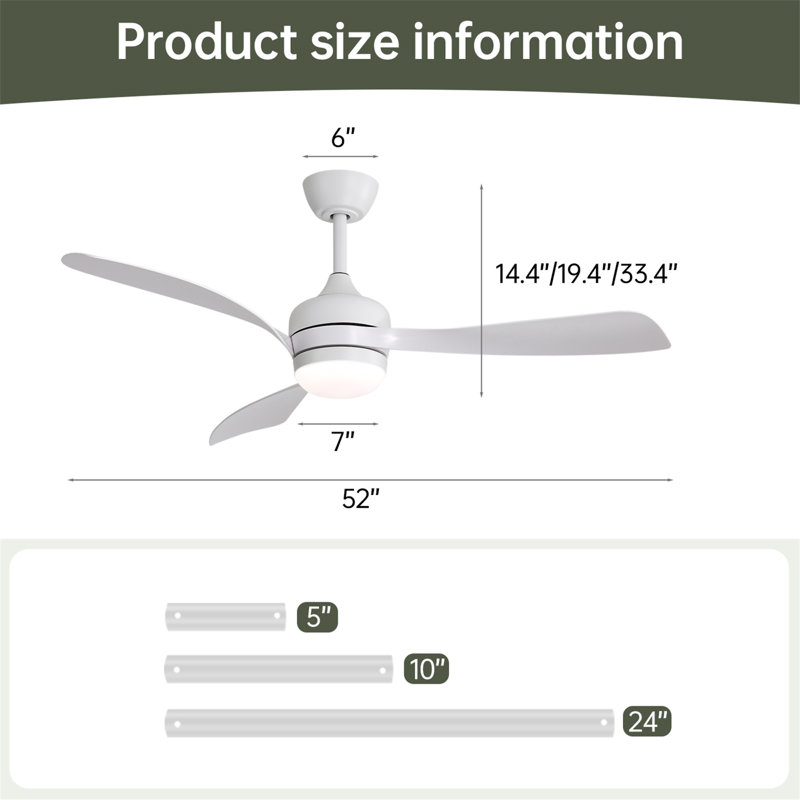 Ventilateur de plafond 52 pouces avec 3 pales en ABS, Blanc, Blanc