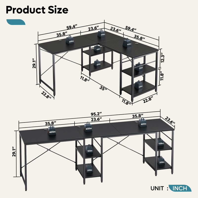Bureaux en L 95,2 po avec tablettes, bureau d'ordinateur de coin réversible ou table longue pour 2 personnes Nedyo