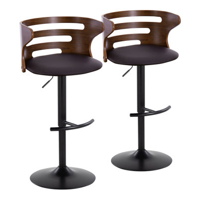 Tabouret de bar réglable Cosi Mid-Century moderne avec pivot en métal noir, bois de noyer et similicuir brun avec repose-pieds arrondi en T par Lumisource - ensemble de 2