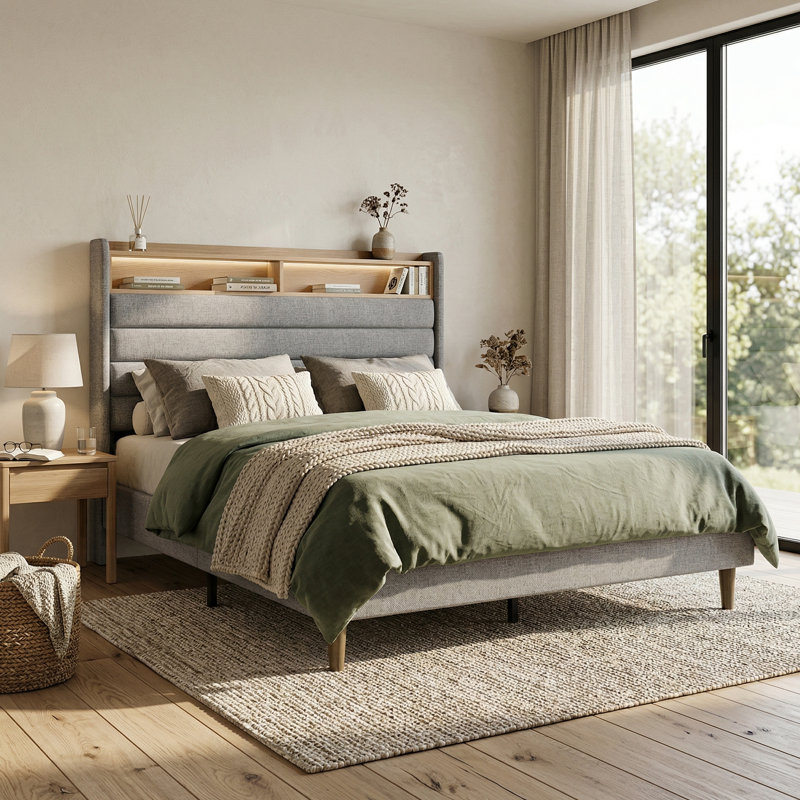 Modern Upholstered Bed Frame with Built-in Bookshelf and RGB LED Lighting, Beige & Gray, Gray, Queen