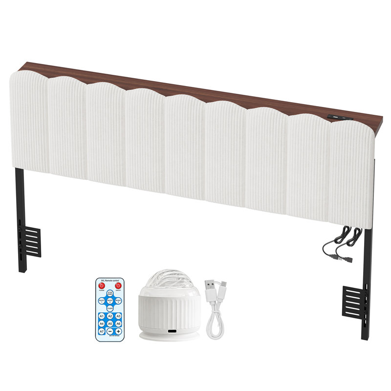 Tête de lit tapissier à grand lit avec éclairage à DEL Aurora et rangement, hauteur réglable pour matelas de 8 à 14 pouces