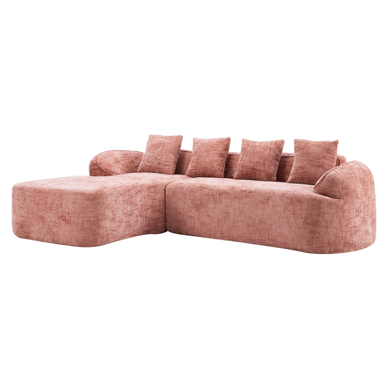 Chenille L-Shaped Sectionals Sofa With Four Pillows, Pink Chenille
