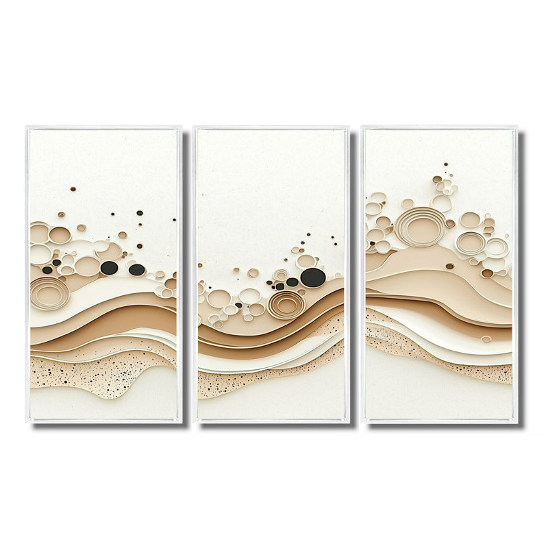 Minimalist Beige Marble River I - Ensemble de décorations murales en marbre abstrait, Reproduction avec cadre flottant, Blanc