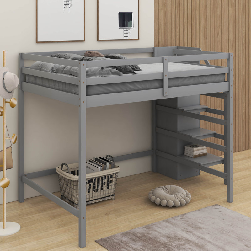 Full Size Loft Bed With Wardrobe, Gray
