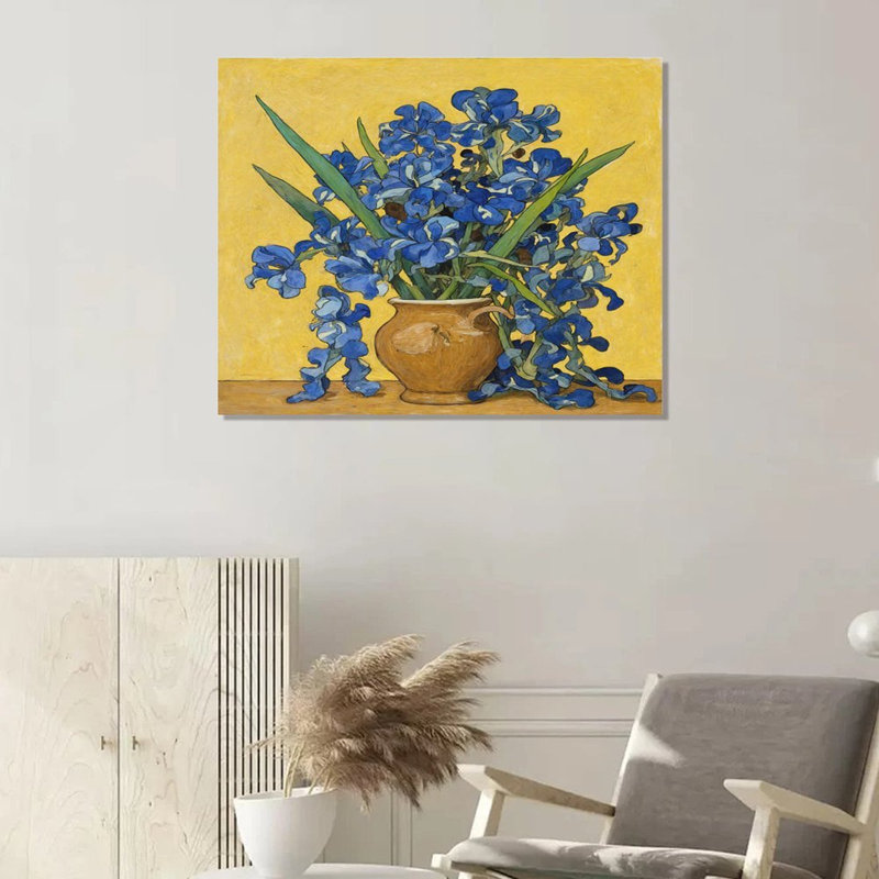 «Vibrant Blue Irises», inspiré de Van Gogh, cadre en bois intégré, art mural, l 20 x l 16