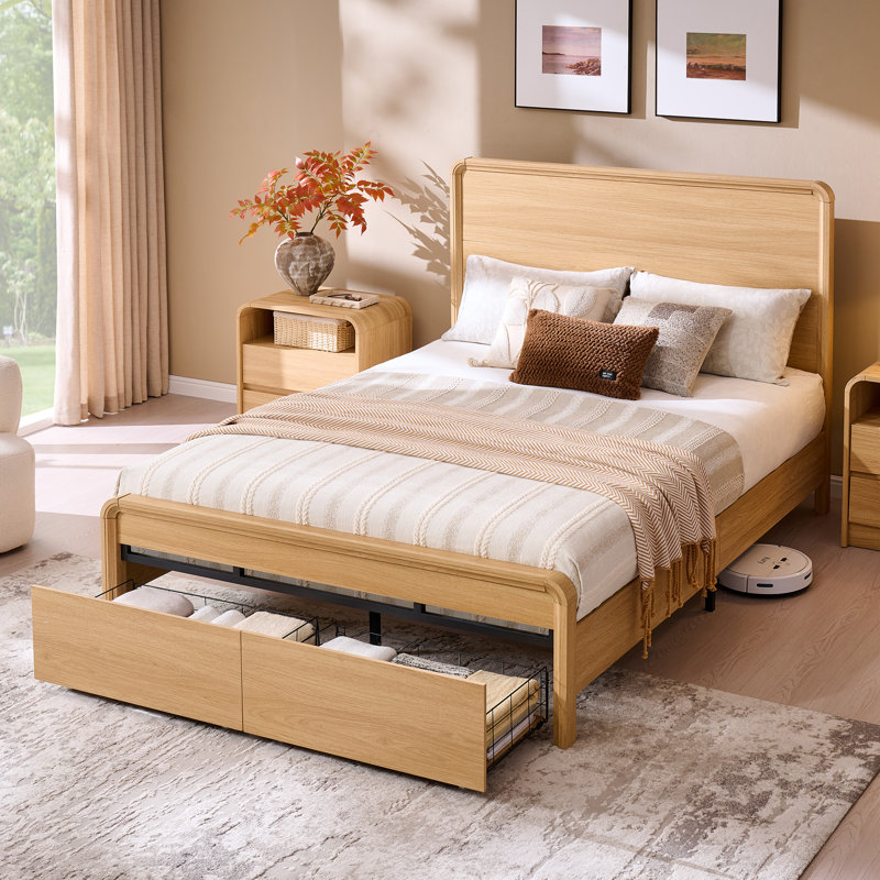 Maud Modern Queen Size Bed Frame with 50" Tall Headboard, Wood Platform Bed Frame with 18.86" Tall Curve Design Decoration Footboard & 2 Large Storage Drawers, No Box Spring Needed