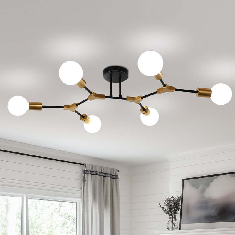Floridor 6-Light Black and Gold Modern Sputnik Semi Flush Mount Mini  Chandelier