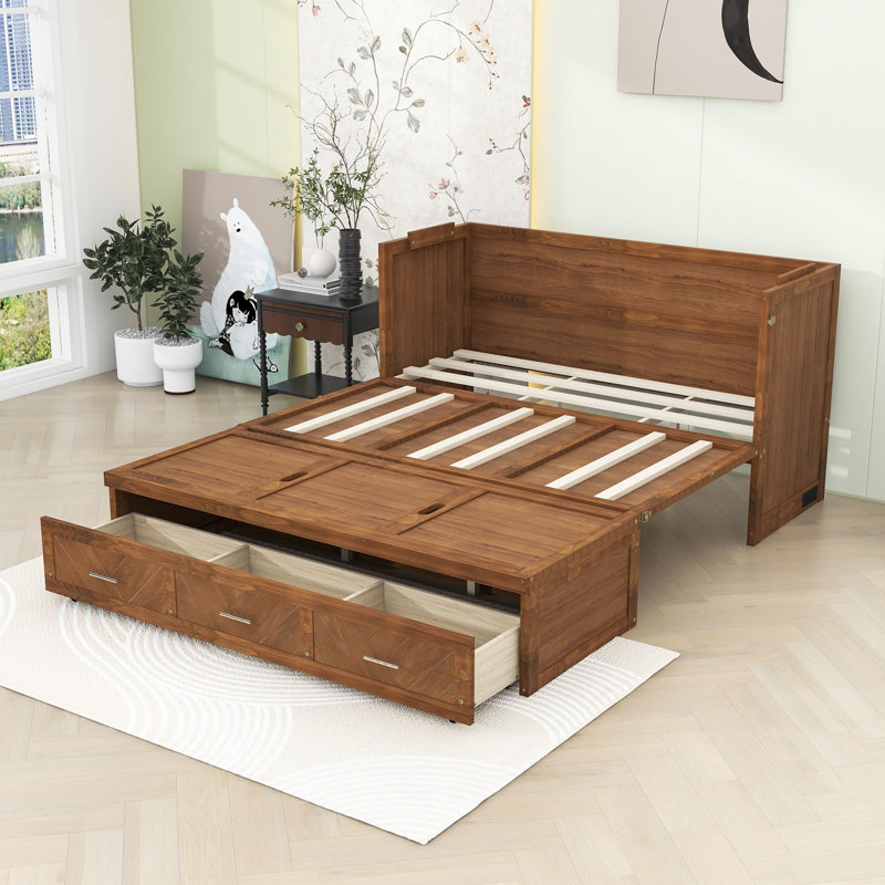 Grand lit escamotable avec tiroirs de rangement multifonctionnels et station de charge USB intégrée, Noyer