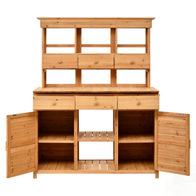 Grand poste de travail de jardin - Banc de rempotage en H de 65,7 po avec rangement, bois de sapin, 6 tiroirs, 2 armoires, 3 tablettes, crochets latéraux, conception ergonomique pour patio, serre, organisation de cuisine réglable