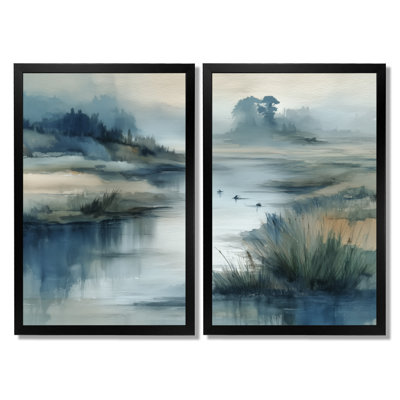 «Blue and Grey Foggy Morning River Run», art sur toile, paysage bleu, art mural 2 pièces