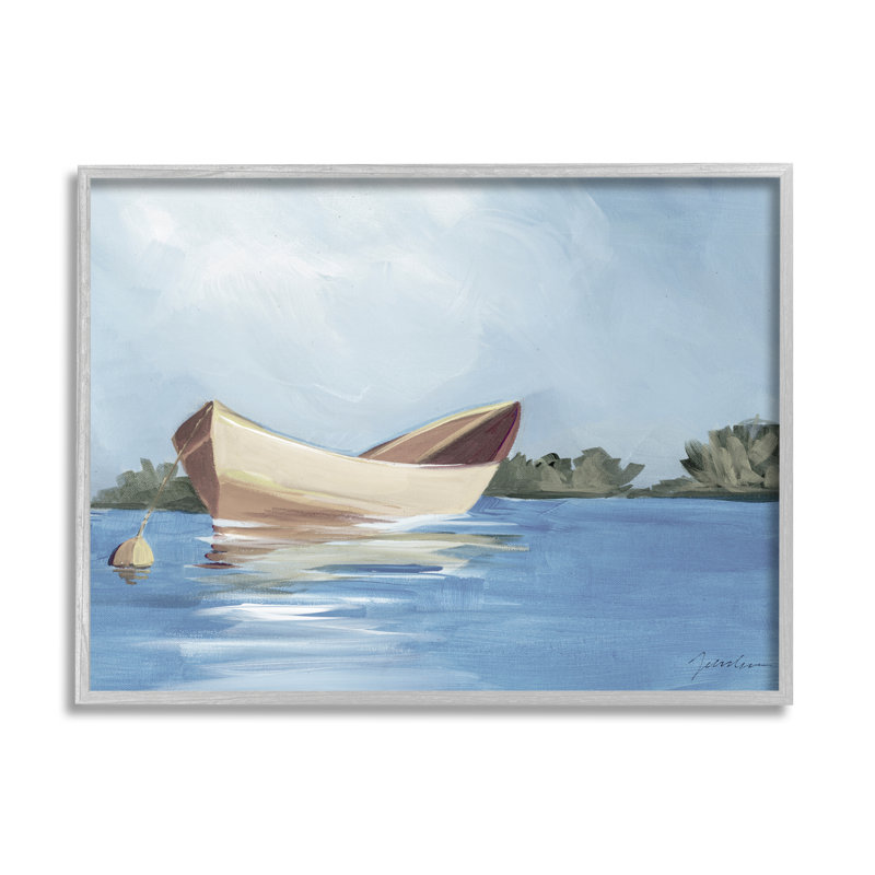 Bateau flottant sur un lac sur bois par Liz Jardine, peinture, H 24 po x l 30 po x P 1,5 po, Estampe numérique Farmhouse