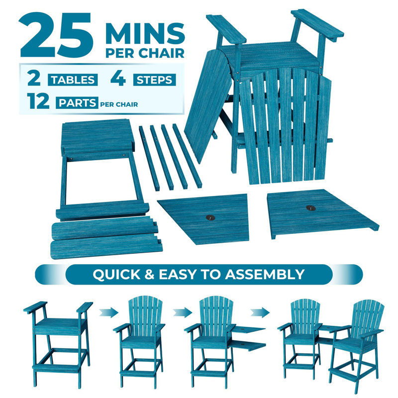 Outdoor Bar Height Adirondack Chairs With Connecting Tray Set Of 2, Blue