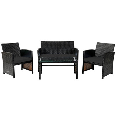 4PCS Patio Rattan Furniture Set Cushioned Chair Sofa Table Black