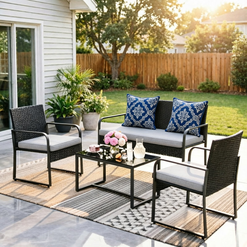 4-Piece All-Weather Wicker Outdoor Seating Group with Cushions and Tempered Glass Coffee Table, Gray