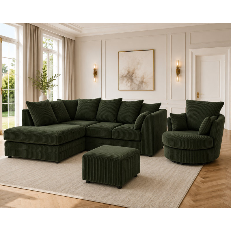 Jumbo Cord L Shape Sofa with Swivel Chair and Footstool, Forest Green