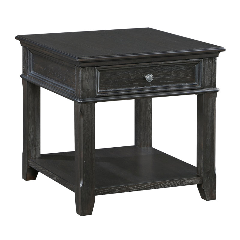 Table de bout en bois classique avec ton gris anthracite, tiroir, tablette et options de chargement