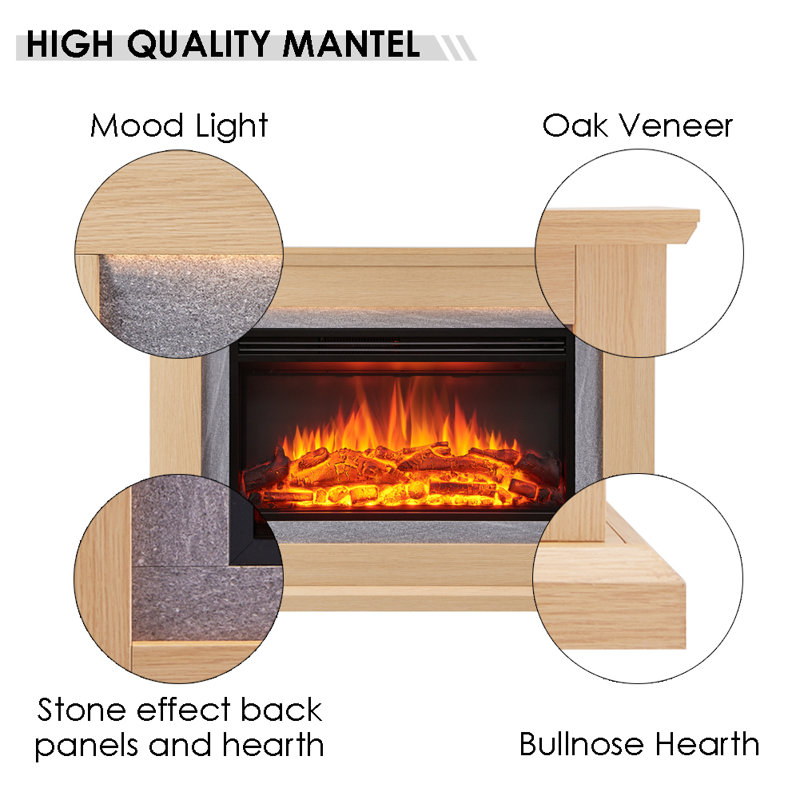 EVORA FLAMME Electric Fireplace, 82cm H x 120cm W x 25cm D, Natual Oak