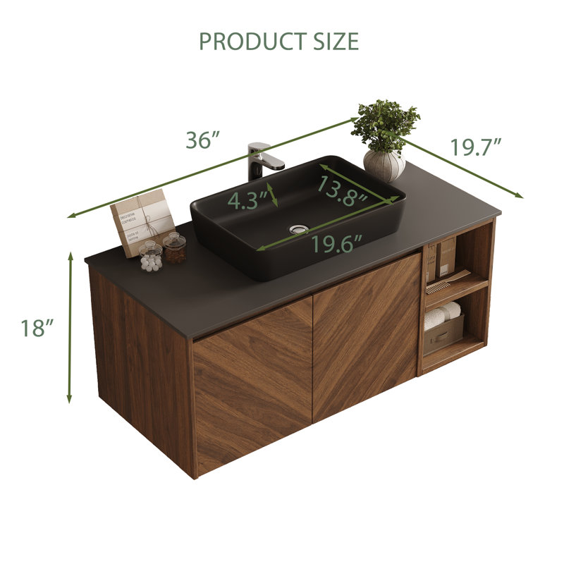 36" Modern Single Bathroom Vanity With Sink, Floating Vanites With Sintered Stone Table Top, Dark Wood, Matte Black/Grey