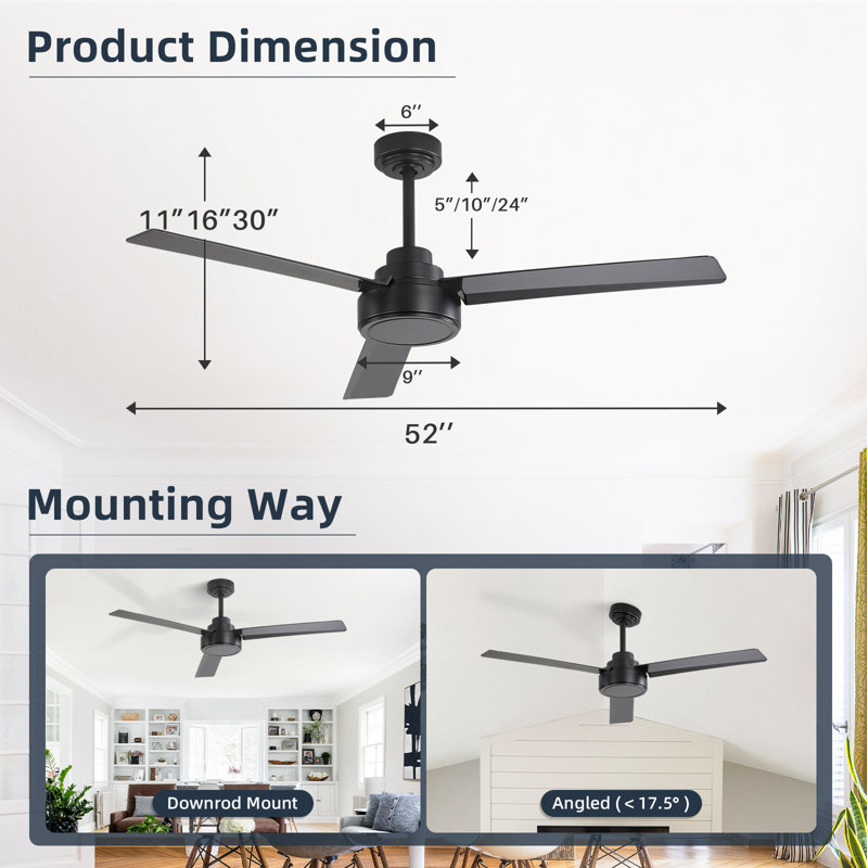 Keilee 52 Inch Propeller Ceiling Fan, 3 Blade Modern Ceiling Fan with Remote Control, Indoor Ceiling Fan No Light, Black