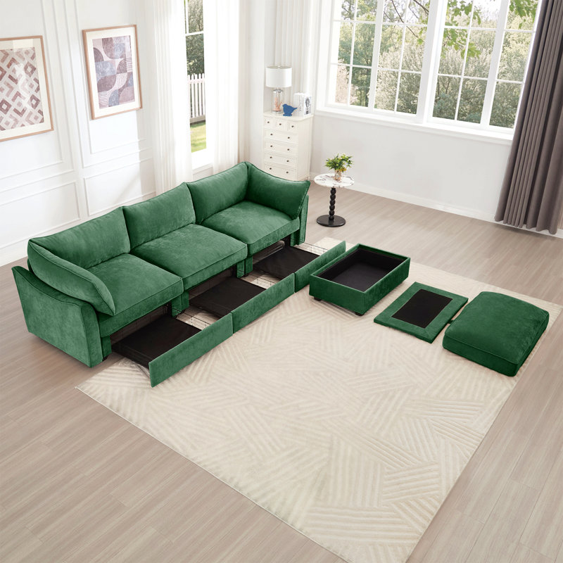 Canapé modulaire en L à 3 places, canapé 3 places avec 1 repose-pieds mobile, assise confortable, large et profonde, vert chenille