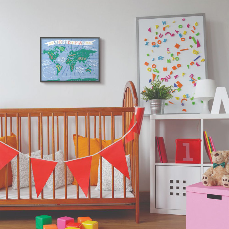 Décoration murale pour enfants world map Sharkey, H 16 po x l 20 po x P 1,5 po, Giclée encadrée noir minuit