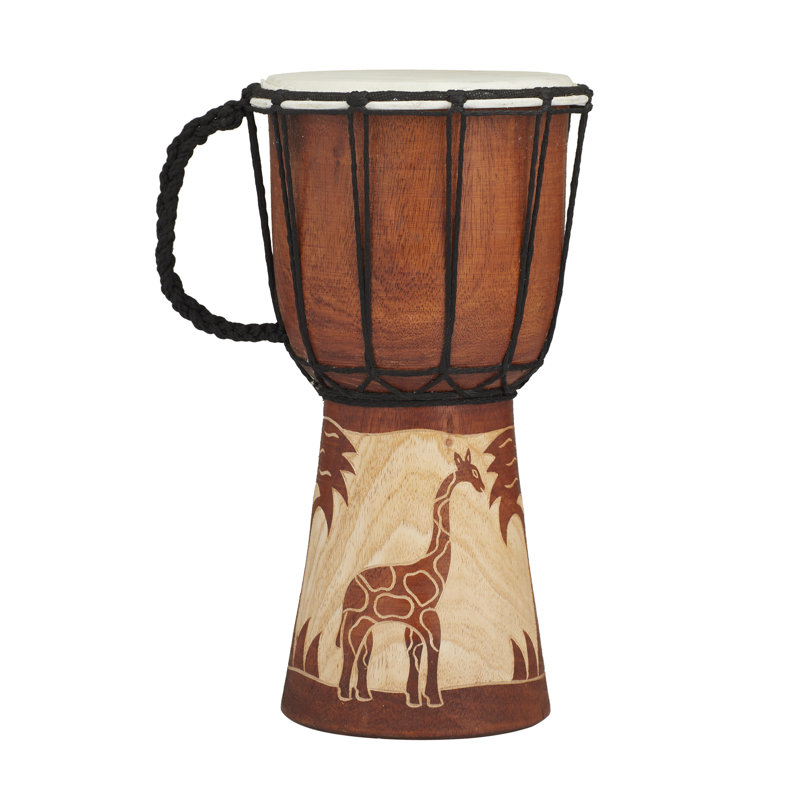 Wood Handmade Djembe Drum Decorative Sculpture with Rope Accents, Brown/Black