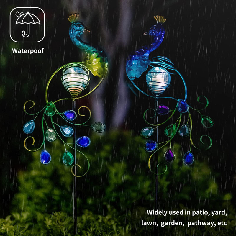 Metal Peacock Solar Light Stake for Garden, 2 Pack