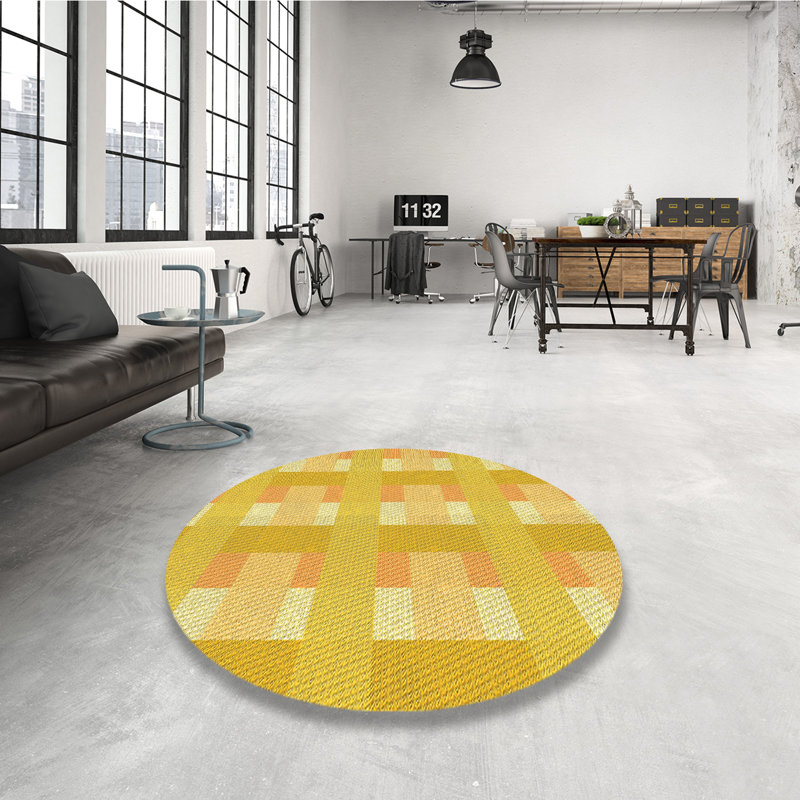 Tapis géométrique en laine jaune, Rond 7 pi