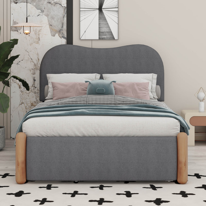 Upholstered Platform Bed with Wood Supporting Feet and Trundle Aevah, Gray, Twin