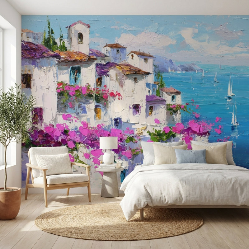 Papier peint méditerranéen fleurs voiliers, 100 po x 96 po, Peler et coller