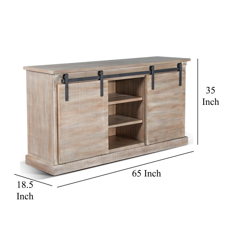 Console média Zena, 3 tablettes, 2 portes de grange, bois taupe, 65 pouces, Noir / taupe
