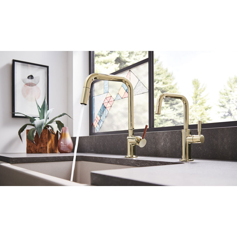 Odin® Pull-Down Faucet with Square Spout, Wood Lever, Polished Gold