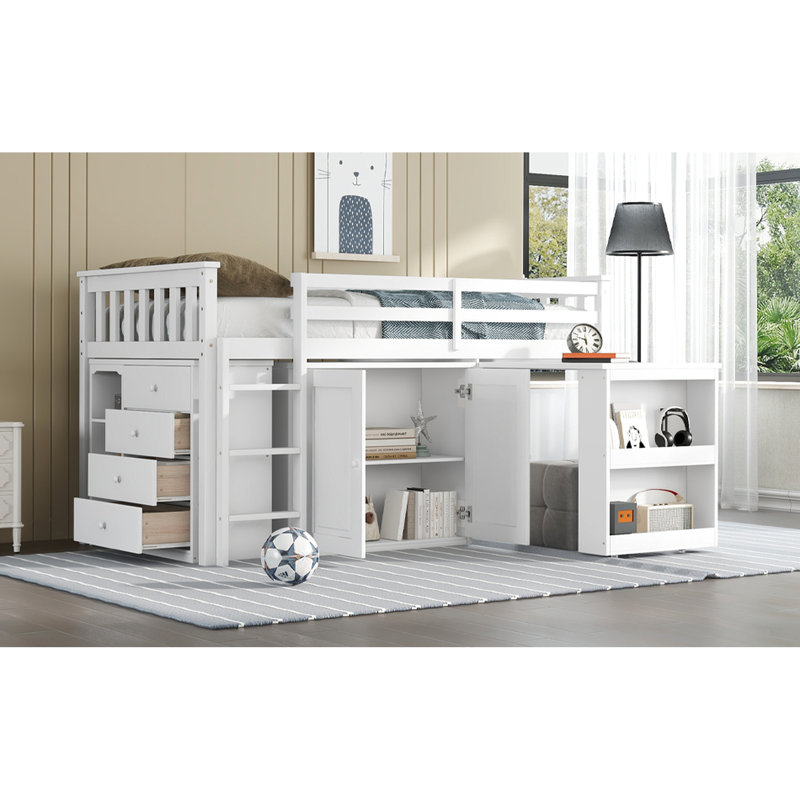 Twin Loft Bed In White With Abundant Cabinet Space - Cabinet, Drawer, Shelf, Desk And Functional Storage Units Pull-Out Stable Structure