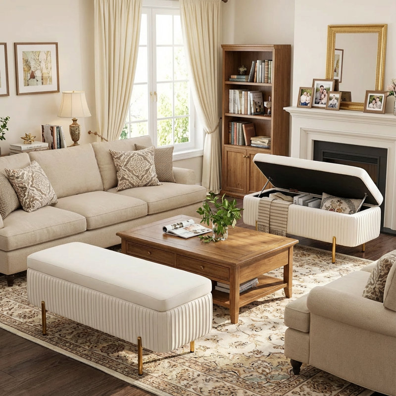 Banc de rangement en velours Leaysia, Beige