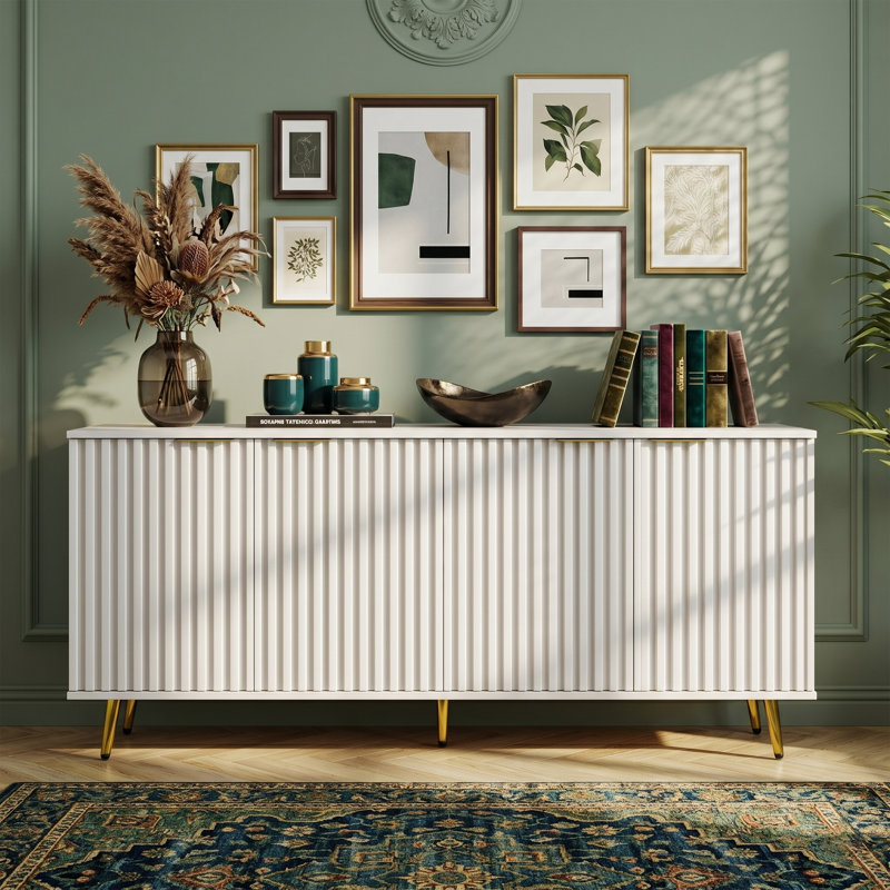 Buffet 60 "en noyer cannelé avec prise de courant, 4 portes et crédence, White